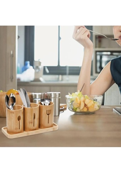 Miccho - 4 Parça Standlı Kaşıklık Yuvarlak Bambu