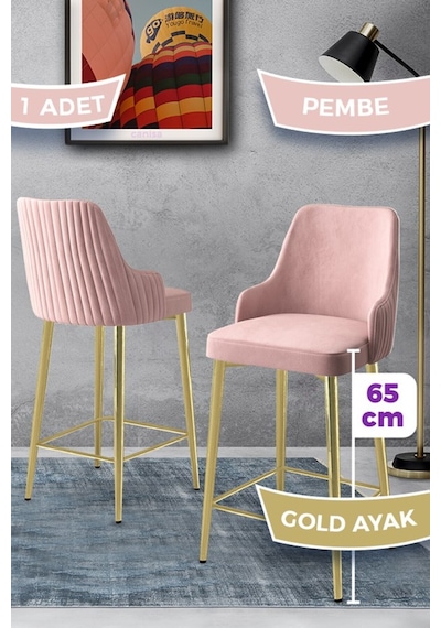 Canisa Tera Serisi 1 Adet Babyface Kumaş 65 Cm Gold Kaplama Ayaklı Pembe Bar Sandalyesi Pembe Sandalye Gold Kaplama Ayak