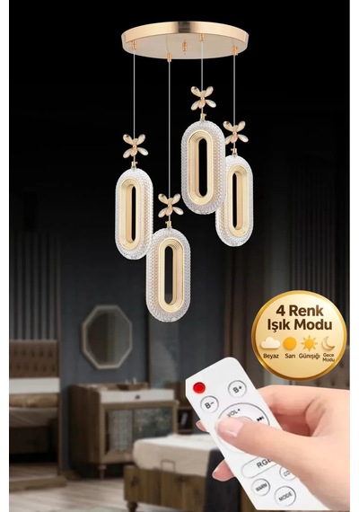 LumiaLighting Eclipse Model 4'lü Gold Kumandalı 3 Renk Modu Ledli Kristal Taşlı Modern Salon Mutfak Oturma Odası Led Avize Altın