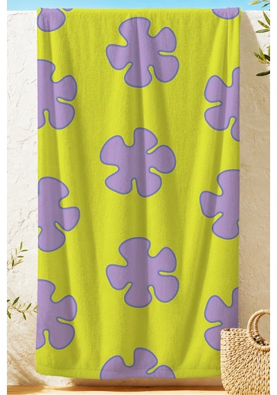Çiçek Desenli Neon Sarı Lila Plaj Havlusu - Retro Pop Art Modern Hızlı Kuruyan Mikrofiber Havlu Sessiz Melisa