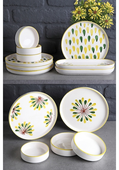 Nandy Home 14 Parça 6 Kişilik Handmade Yeşil Nokta Kahvaltı Takımı - Lüx Kahvaltılık Sunum Seti Yeşil