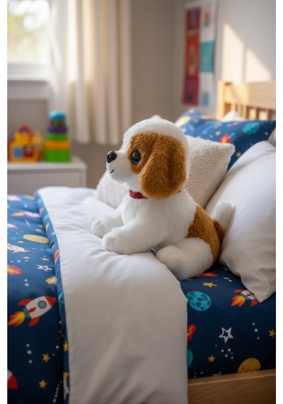 Sesli Havlayan Yavru Köpek Peluş Oyuncak 25 Cm Mavi İri Gözlü - Hediye Ve Uyku Arkadaşı Beyaz