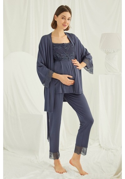 Burdagel Monamise Kadın Lacivert Hamile Lohusa Sabahlıklı Pijama Takım 182