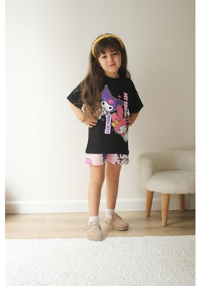 Miniko Kids Kız Çocuk Kuromi Modelli Baskılı Şortlu Pamuk Takım Siyah