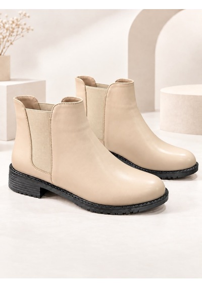 Dabab Shoes Maral Kadın Vizon Cilt Yuvarlak Burun Lastik Detaylı 3 Cm Topuklu Kaymaz Taban Chelsea Bot Bootie