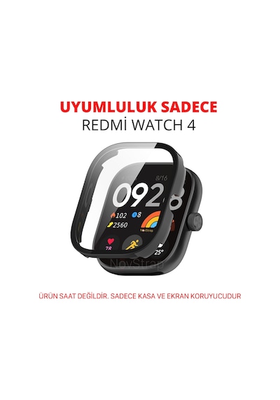 Novstrap Xiaomi Redmi Watch 4 İle Uyumlu Ekran Koruyucu Temperli Cam Ve Kasa Koruyucu Kılıf Sert Pc