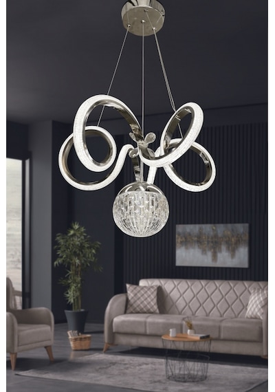 Kıvrım Tekli Kristal Top Simli Slikonlu Modern Oturma Led Avizesi - Kumandasız / Krom Krom
