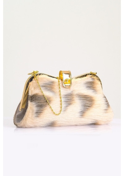 Keyifli Moda Kadın Bej Desenli Suni Kürk Zincirli El Ve Omuz Clutch Portföy Çanta - Bej