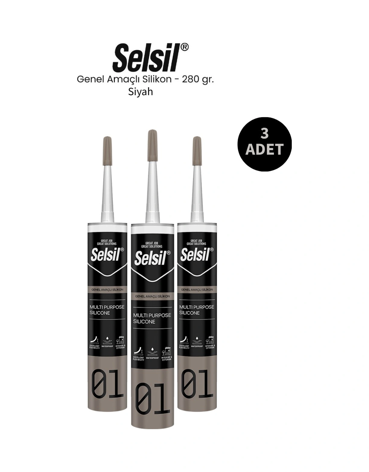 Selsil Genel Amaçlı Siyah Silikon 280 Gr. 3 Adet Siyah