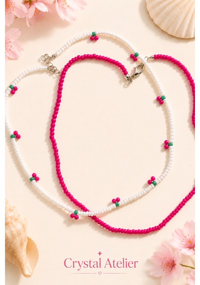 Crystal Atelier 2'li Pembe Kiraz Boncuk Kolye Seti El Yapımı Kum Boncuk Beyaz Pembe İkili Choker Kombini Meyve Temalı Hediyelik Kolye Pembe - Beyaz