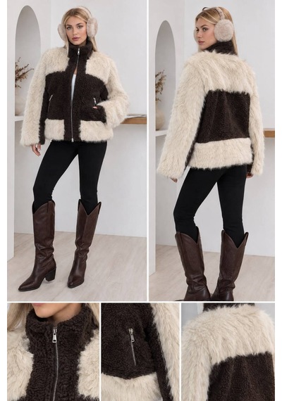 Moda Banuş Lolita Garni Detay Kuzu Mont Kahverengi Kahverengi