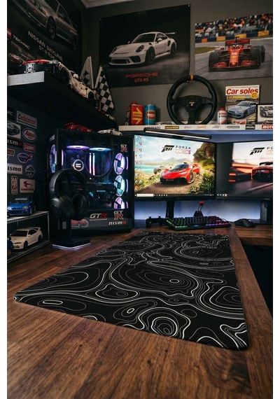 Siyah Beyaz Topografik Harita 40x90 Cm Oyuncu Mousepad Kaymaz Taban Büyük Boy Mousepad
