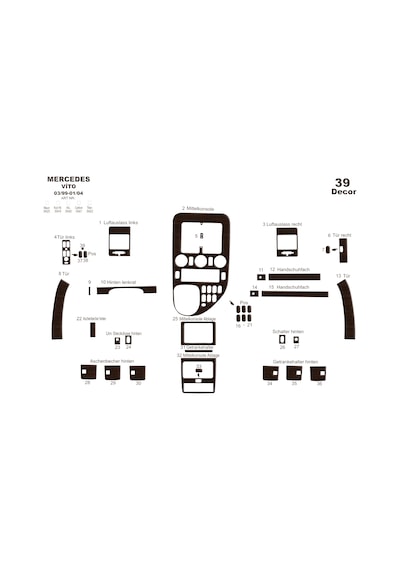 Mercedes Vito Caravan Torpido Kaplama 1999-2004 39 Parça Koyu Meşe