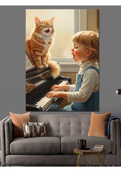 Ahşap Tablo Kedi Ve Kız Piyano Başında Dekoratif Tablolar