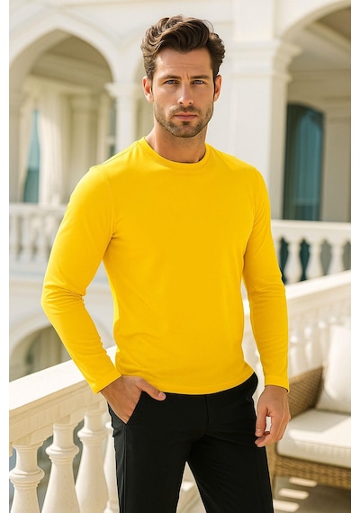 Rich Erkek Uzun Kollu Bisiklet Yaka Tişört - %100 Pamuk Basic Relaxed T-shirt Sarı