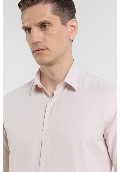 İmza Koyu Bej Sert Yaka Uzun Kol Cepsiz Slim Fit Pamuklu Gömlek 1004255284