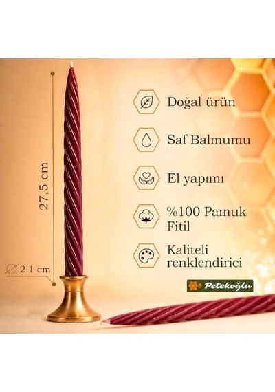 Bordo Balmumu Mum 2 Adet 27.5 Cm Kalın Burgulu Şamdan Mumu Dekoratif Noel Ve Yılbaşı Mumu Diğer