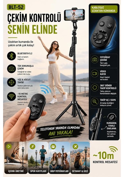 Tr Selfie Çubuğu Ve Tripod Aı Akıllı Takip Özellikli, 183 Cm Uzayabilir, 360 Yüz Ve Vücut Takibi, Bluetooth 5.2 Genel