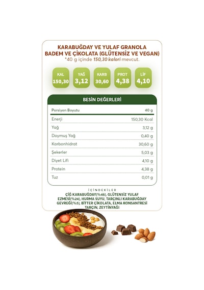 Glutensiz Fabrika Badem ve Çikolatalı Yulaf Karabuğday Granola 300 G Glutensiz Fabrika Badem ve Çikolatalı Yulaf Karabuğday Granola 300 G