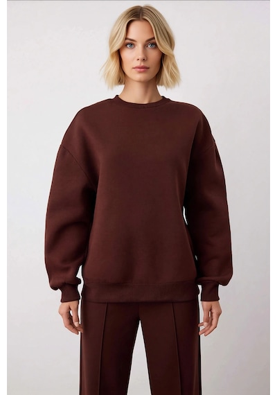 Benerly Kadın Bisiklet Yaka Düşük Kol Oversize Kalın Örme Sweatshirt Fonk Koyu Kahverengi
