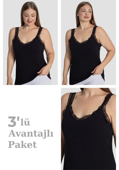 Astrid T Özel Seri Alternatif Şapka Ev Giyimi Kadın Büyük Beden Pamuklu Dantelli Atlet 3'lü Paket Siyah-3