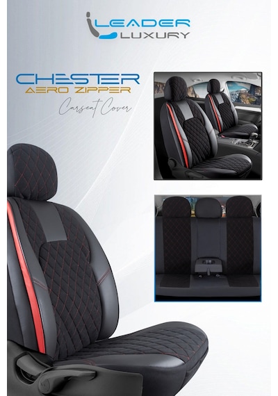 Fiat Linea Dynamic Uyumlu Lüx Yarı Deri Oto Koltuk Kılıfı Ön Arka Takım Chester Siyah Kırmızı
