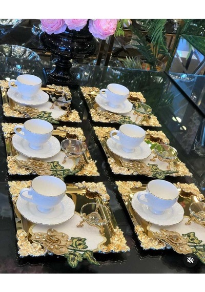 Atabey Home Collection 6'lı Kahve & Çay & Sunum Tepsisi Metal Döküm Gold Tepsi Gül Model