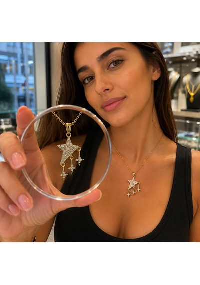 Zirkon Taşlı Sallantılı Gold Çelik Kolye