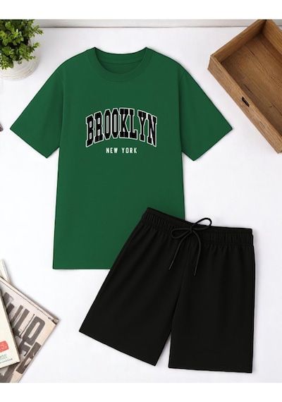 Uyguntarz Unisex Brooklyn Baskılı Tasarım Şort Takım Yeşil