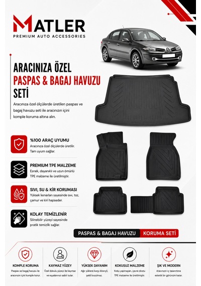 Renault Megane 2 Sedan 2004 Model 4d Ekstra Havuzlu Paspas Ve Bagaj Havuzu Set