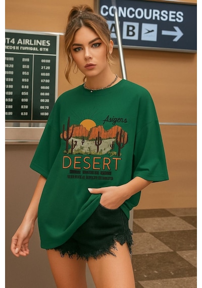 Desert Arızona Baskılı Unisex Tshırt Yeşil