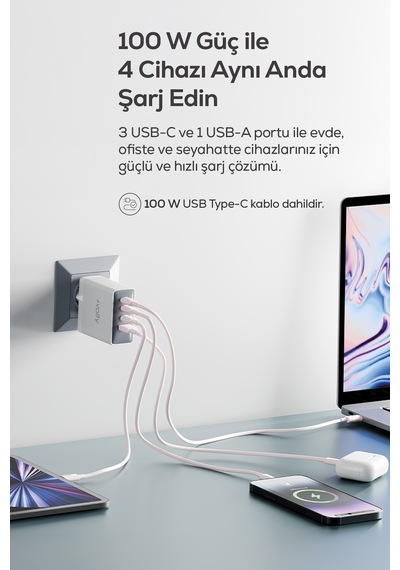 Hızlı Şarj Adaptörü 100w Gan + Type-c Kablo 100w Pd 4 Port, İphone & Samsung Uyumlu V0102014