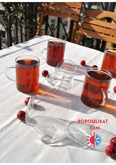 6lı Borosılıkat Cam Kupa Çay Bardak 200 Ml Kulplu Çay Bardağı Sade Şeffaf