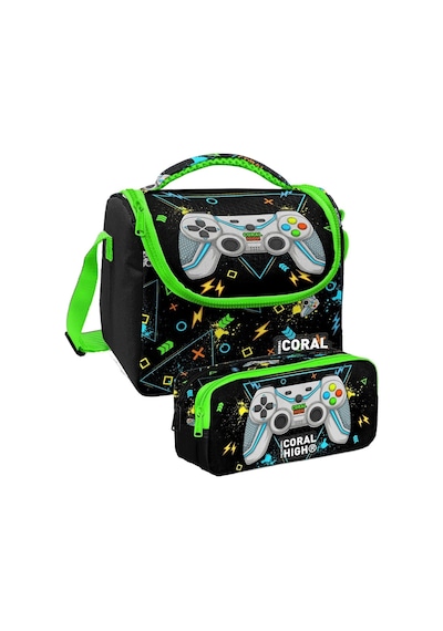 Coral High Siyah Fosforlu Yeşil Gamer Desenli Erkek Çocuk Isı Yalıtımlı Beslenme Çantası Ve Kalemlik Seti