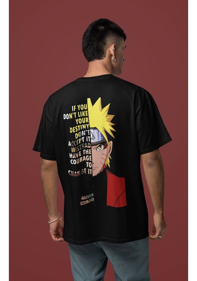 Naruto Uzumaki Sırt Baskılı Unisex Oversize Anime Karakter Tişört Siyah