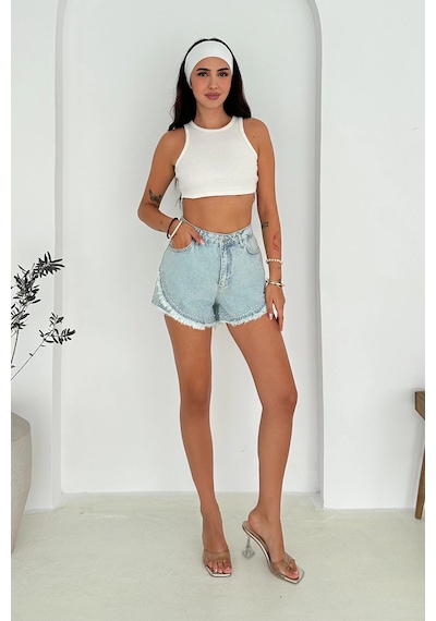 Püskül Taş Detaylı Denim Şort Mavi