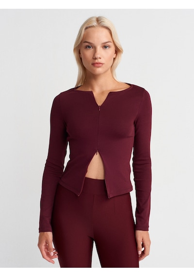 Dilvin 31993 Fermuar Detaylı Uzun Kollu Top-bordo Bordo