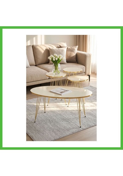 Vaveni Zigon Sehpa Ve Orta Sehpa Elips Set Gold Krem Tel Arz