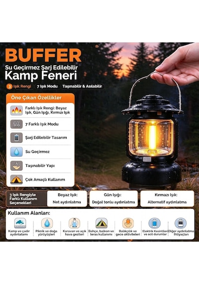 Buffer Su Geçirmez Şarj Edilebilir Kamp Feneri,3 Işık Renkli Beyaz Işık, Gün Işığı, Kırmızı ,7 Farklı I Çok Renkli