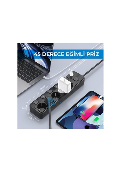 Akım Korumalı Çoklu Priz, 2 Adet Usb, 2 Adet Type-c Girişi, 5 Adet Ac Girişi, Hızlı Şarj Desteği, 2m Kablo Uzun 0