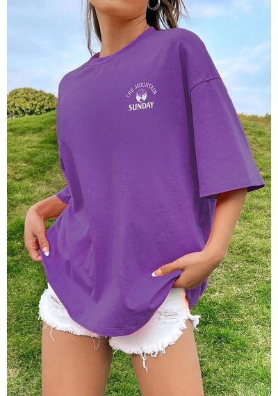 Sunday Mountain T-shirt - Mor Baskılı Oversize Bisiklet Yaka Kısa Kol Tişört Mor