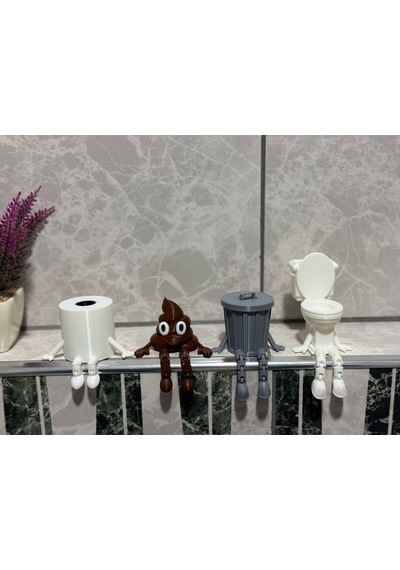 3dprototürk 4'lü Eğlenceli Banyo Dekoratif Figür Seti /tuvalet Kağıdı, Kaka Emojisi, Çöp Kovası, Klozet Aksesua