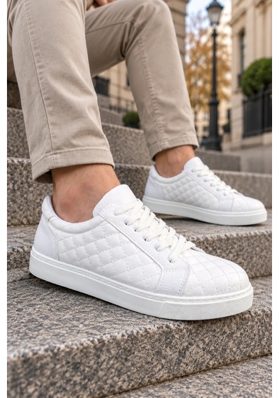Mevese Egitserp Bağcıklı Cilt Kapitone Desenli Erkek Günlük Sneaker Ayakkabı - Beyaz
