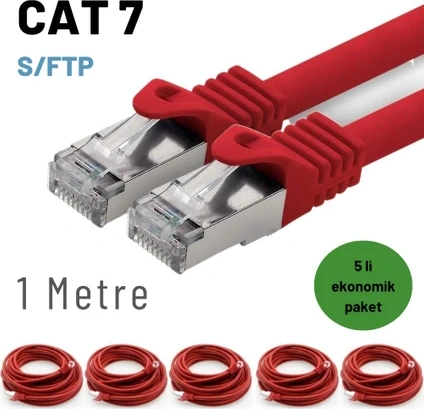 5 Adet 1 Metre Kırmızı Cat7 Kablo S/ftp Ethernet Network Lan Ağ Kablosu