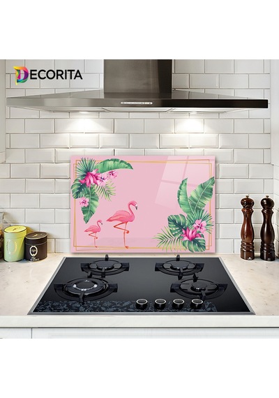 Decorita Tropik Yapraklar&Flamingo|Cam Ocak Arkası | 40cm x 60cm