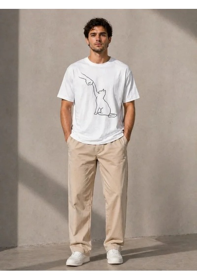 Defymoda Erkek Minimal Kedi Çizim Baskılı Tişört Kısa Kol Yazlık T-shirt - Beyaz