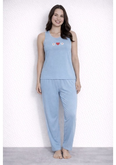 Pemilo Kadın 20616 Kolsuz % 100 Pamuk Pijama Takımı Mavi