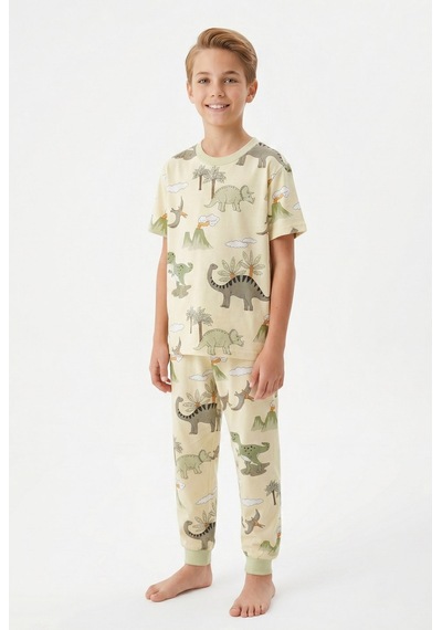 Bunny Hopp Yazlık Kısa Kollu Erkek Çocuk Pijama Takımı Safari Desenli %100 Pamuk Bej