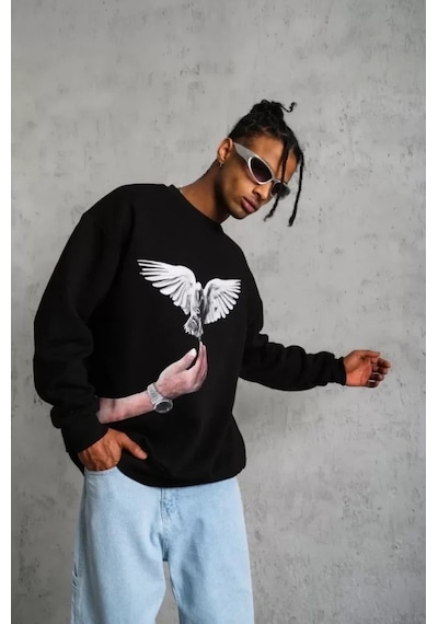 Vexor Erkek Güvercin Baskılı Sweatshirt - Siyah