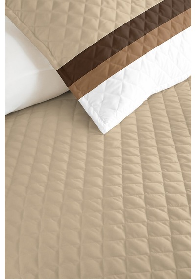 Modern Çizgili Krem Tek Kişilik Pike Takımı - Vizon Kahve Kapitone 160x220 Cm Mevsimlik Yatak Örtüsü Ahenkli Doku Kıyımı